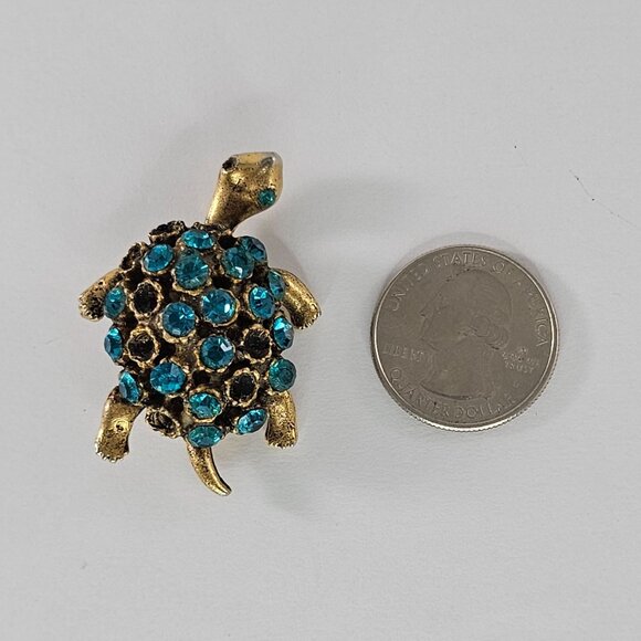 Vintage One Eyed Turtle Rhinestone Brooch Pin Gold Tone Blue Gemstones *AS IS* - Picture 3 of 8